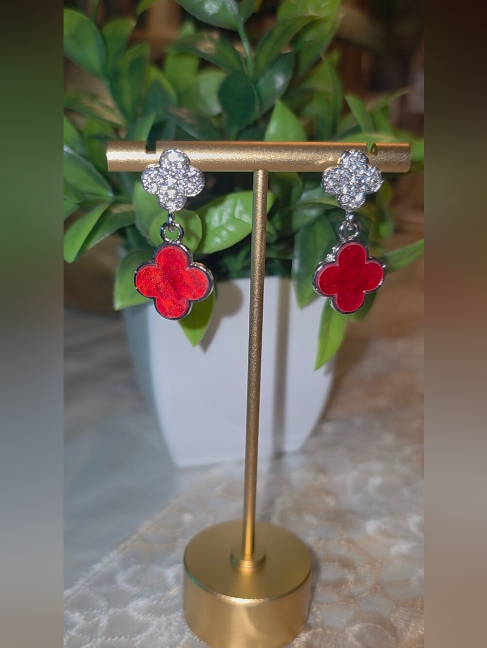 Red Clover Drop Earrings with Crystal Accent